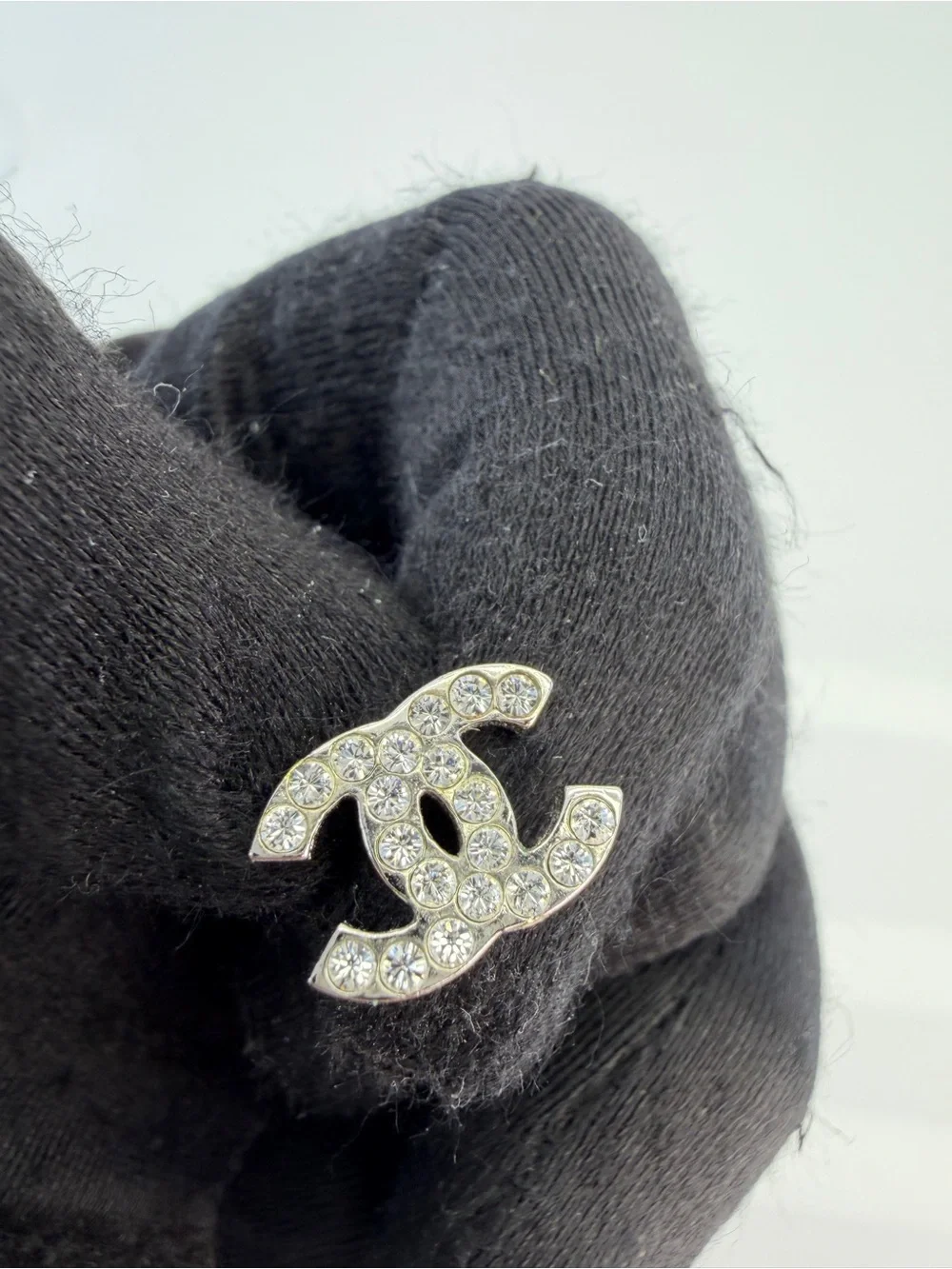 Chanel Silver Rhinestone Stud Earrings Silvery Metal